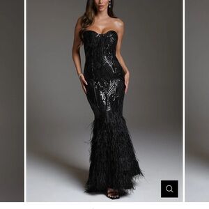 bebe Black Strapless Feathered Gown